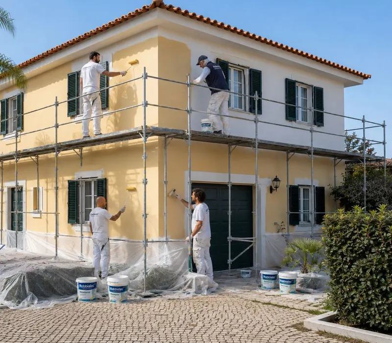 Equipa da Baltazar Cardoso a pintar e impermeabilizar a fachada de uma moradia com andaime