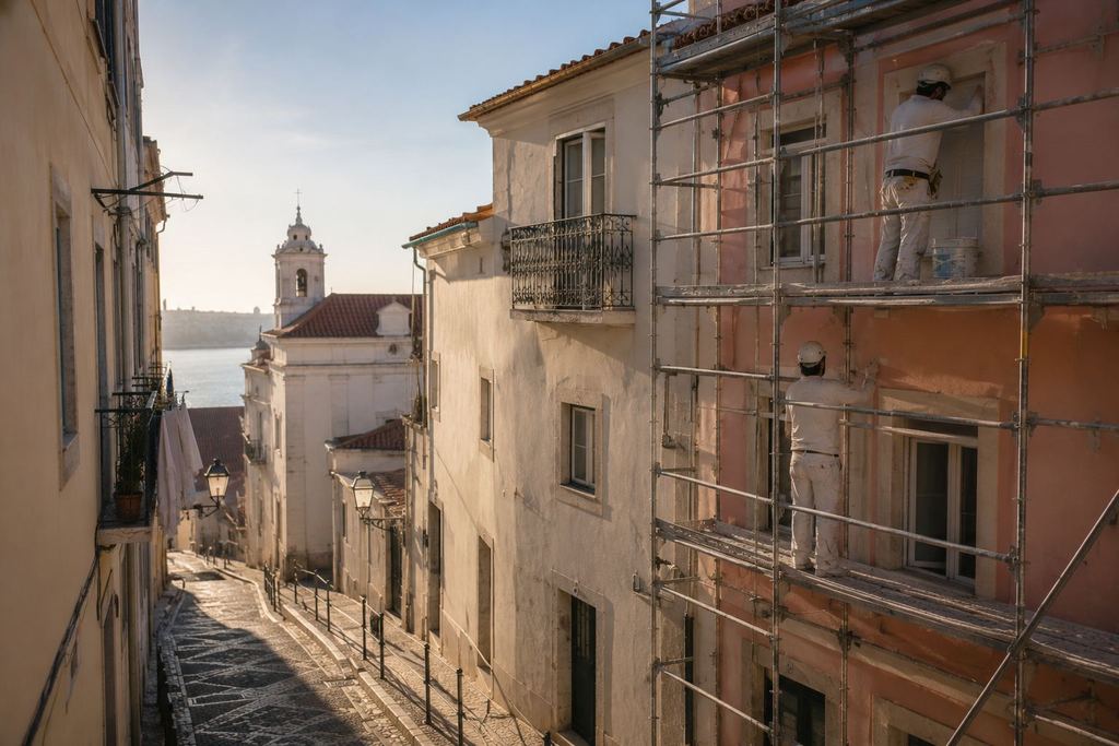 Reabilitação e pintura de fachada de prédio em Lisboa com andaime montado
